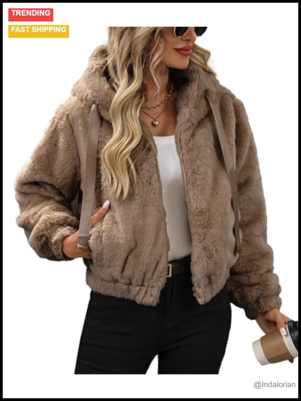 Faux Fur Crop Coat Full Zip Fleece Sherpa Jacket with Hood